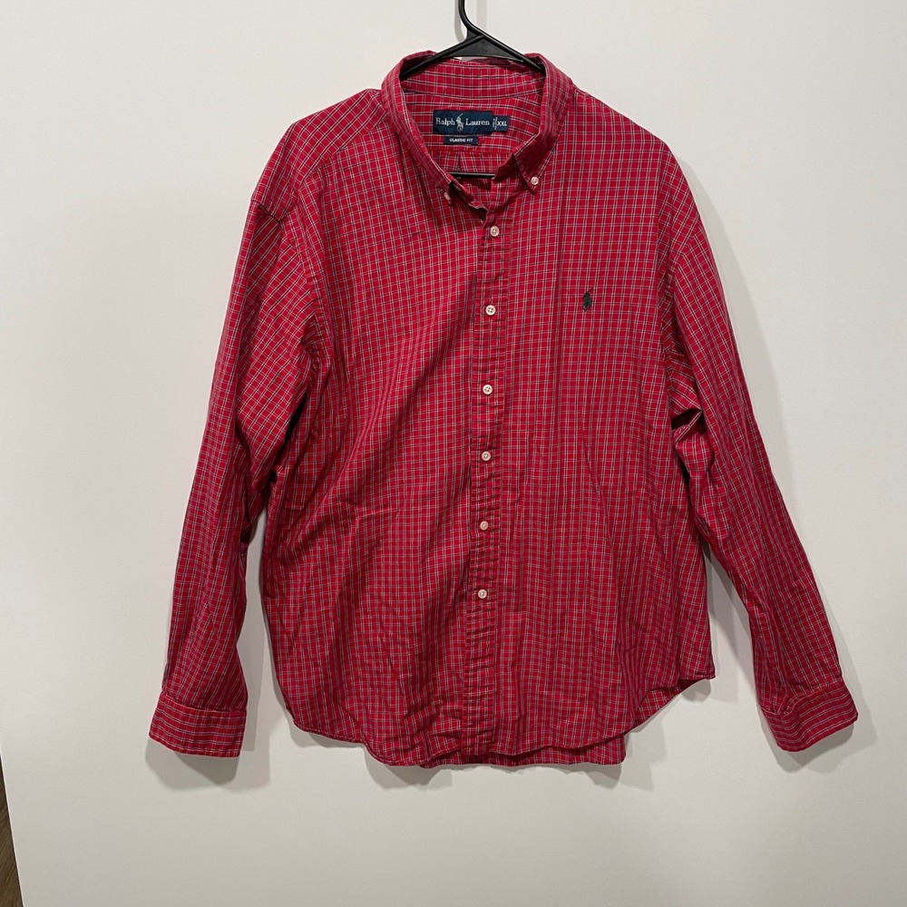 Ralph Lauren Classic Fit Mens XXL‎ Red Plaid Button Down Shirt Pony Holidays VTG